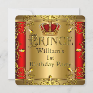 Invitation Prince 1er anniversaire Boy Red Gold Crown 2