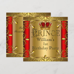 Invitation Prince 1er anniversaire Boy Red Gold Crown 2