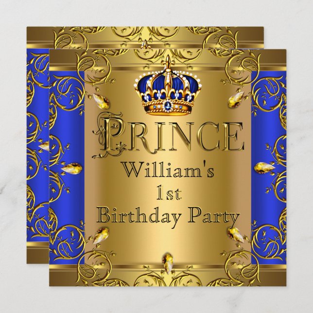 Invitation Prince 1er anniversaire Boy Royal Blue Gold Crown (Devant / Derrière)