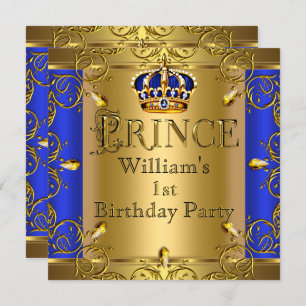 Invitation Prince 1er anniversaire Boy Royal Blue Gold Crown