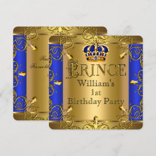 Invitation Prince 1er anniversaire Boy Royal Blue Gold Crown