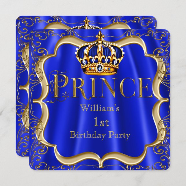Invitation Prince 1er anniversaire Boy Royal Blue Gold Crown  (Devant / Derrière)