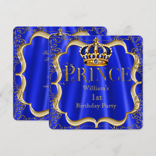 Invitation Prince 1er anniversaire Boy Royal Blue Gold Crown