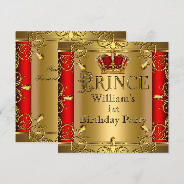 Invitation Prince 1er anniversaire garçon couronne rouge or 2 (Devant / Derrière)