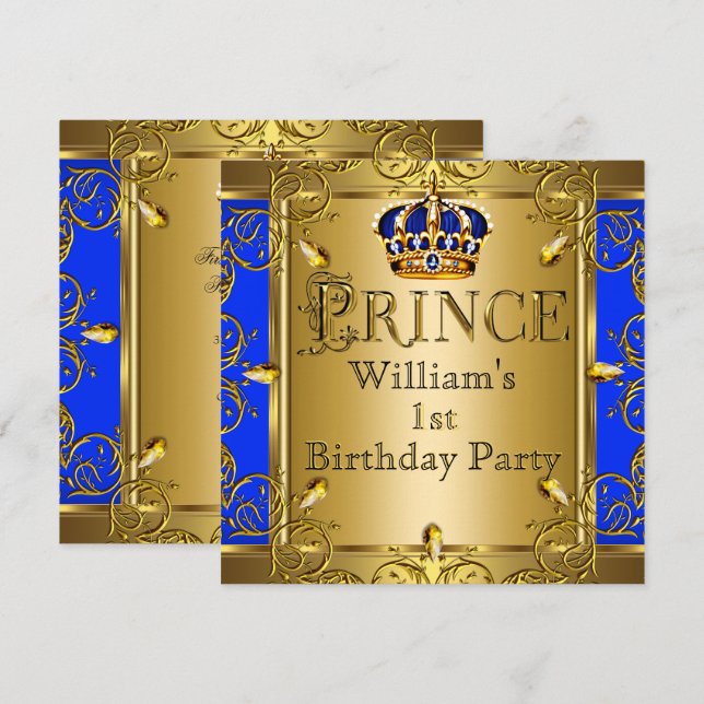 Invitation Prince 1er anniversaire garçon Couronne royale ble (Devant / Derrière)