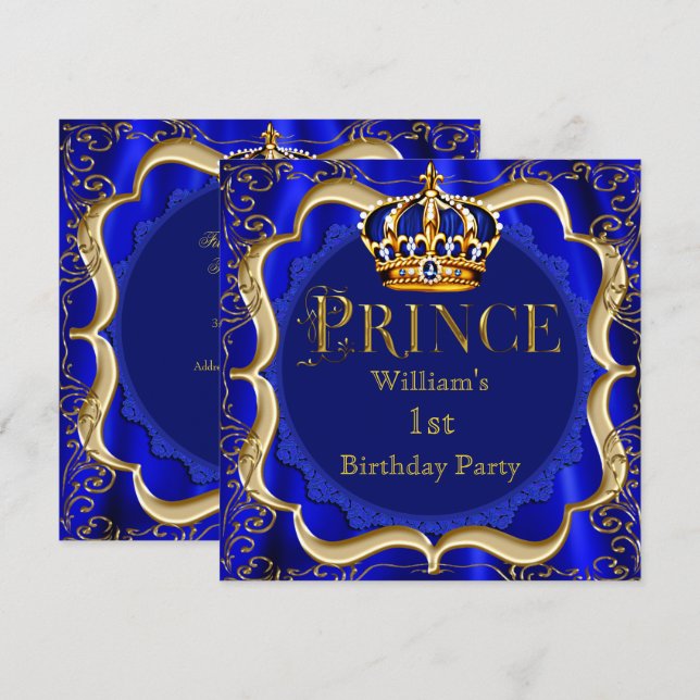 Invitation Prince 1er anniversaire garçon Royal Blue Gold Cro (Devant / Derrière)