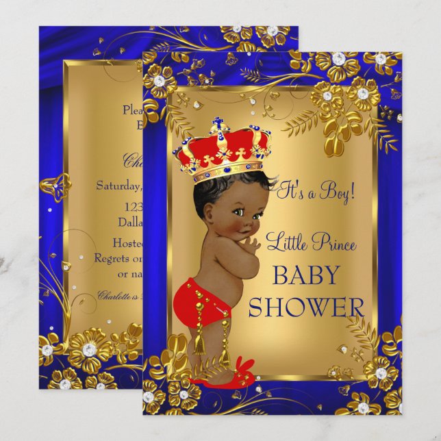 Invitation Prince Afro-Américain Fête de Naissance Or Rouge D (Devant / Derrière)