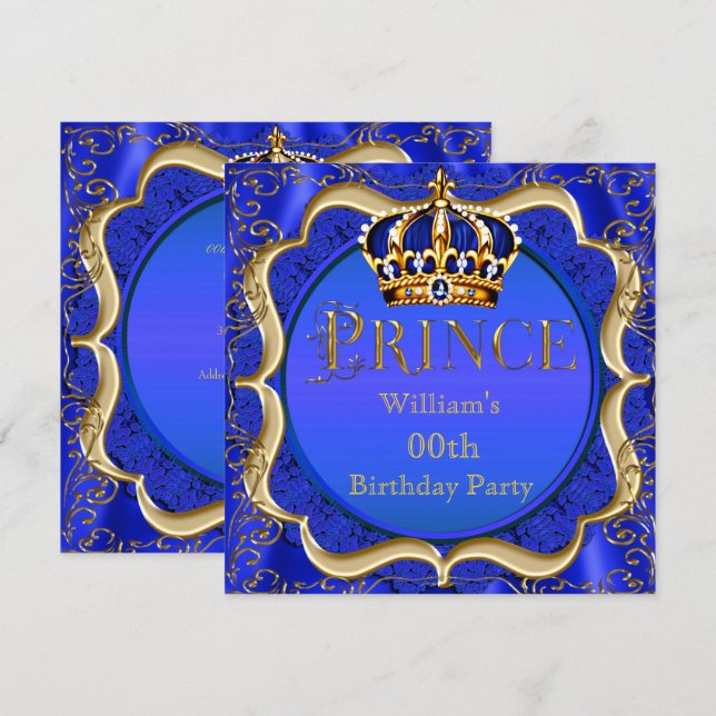 Invitation Prince Anniversaire Royal Blue Gold Crown Mens (Devant / Derrière)