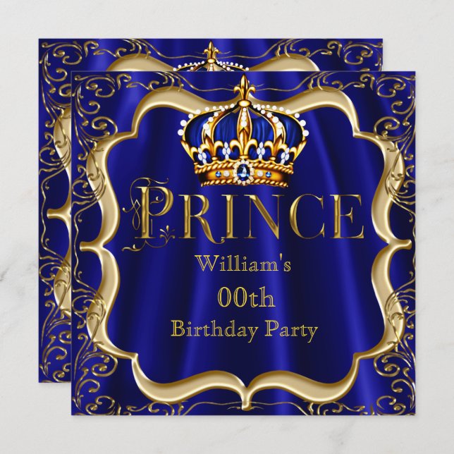 Invitation Prince Anniversaire Royal Blue Gold Crown Mens 2 (Devant / Derrière)