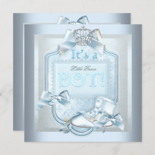 Invitation Prince Baby shower Baby Boy Blue Damask Chaussure