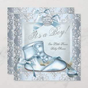 Invitation Prince Baby shower Baby Boy Blue Damask Shoe 4E