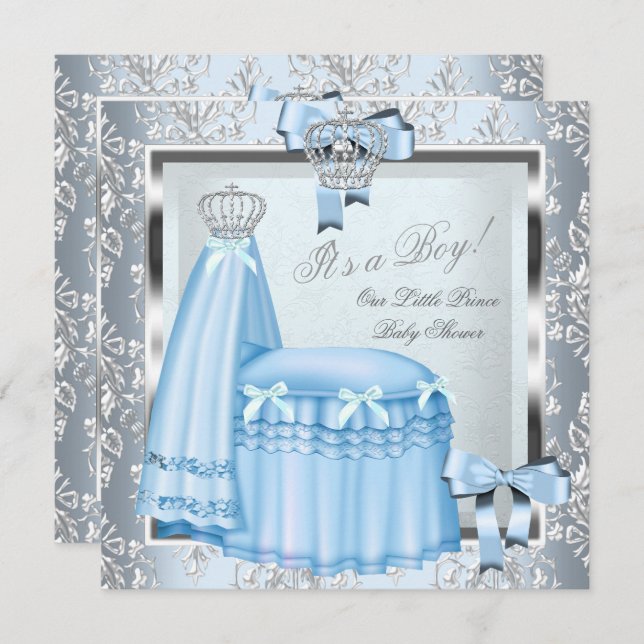 Invitation Prince Baby shower Bébé Garçon Bleu Damas Couronne (Devant / Derrière)