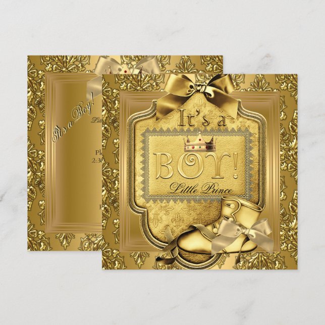 Invitation Prince Baby shower Bébé Garçon Elite Damask Gold (Devant / Derrière)