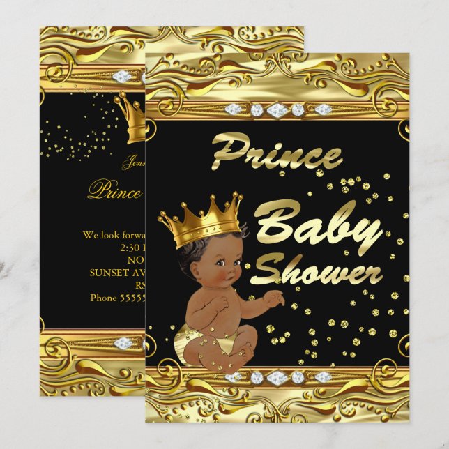 Invitation Prince Baby shower Black Gold Sprinkie Ethnique (Devant / Derrière)
