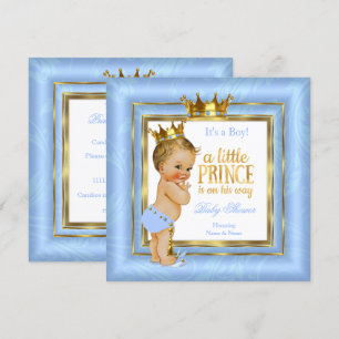 Invitation Prince Baby shower Bleu Blanc Or Couronne Blonde