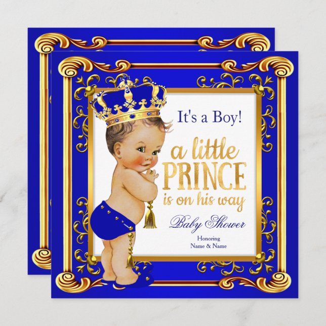 Invitation Prince Baby shower Bleu Or Couronne Brunette Garço (Devant / Derrière)