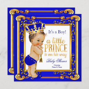 Invitation Prince Baby shower Bleu Or Couronne Brunette Garço