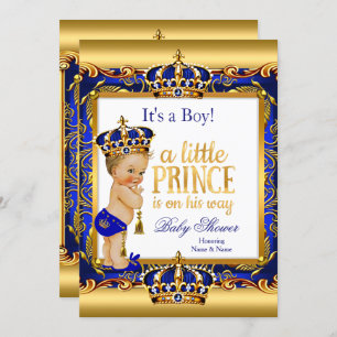 Invitation Prince Baby shower Bleu Ornate Or Blonde Boy