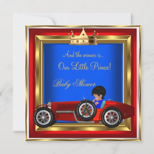 Invitation Prince Baby shower Blue Gold Boy Red Racing Car 2 (Devant)