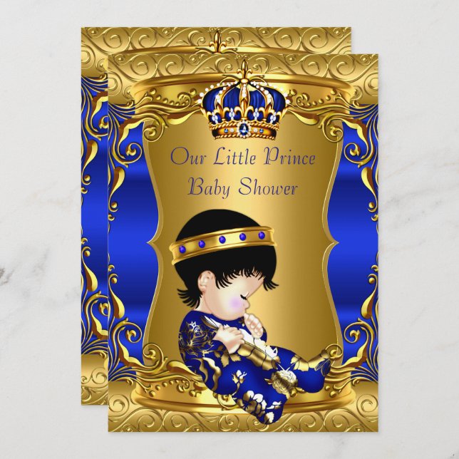 Invitation Prince Baby shower Blue Gold Brunette Baby Boy (Devant / Derrière)