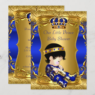 Invitation Prince Baby shower Blue Gold Brunette Baby Boy