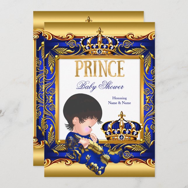 Invitation Prince Baby shower Blue Gold Foil Boy (Devant / Derrière)