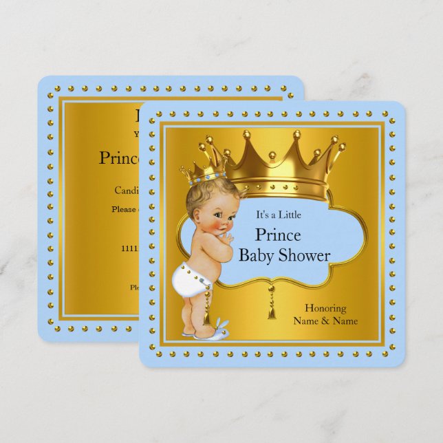 Invitation Prince Baby shower Boy Blue Gold Crown Blonde (Devant / Derrière)