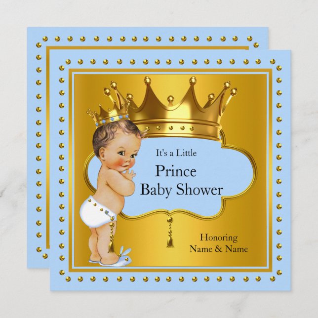 Invitation Prince Baby shower Boy Blue Gold Crown Brunette (Devant / Derrière)
