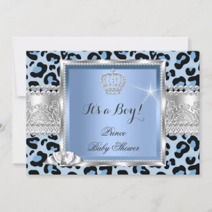 Invitation Prince Baby shower Boy Blue Grey Leopard
