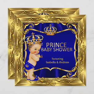 Invitation Prince Baby shower Boy Blue Ornate Gold