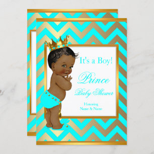 Invitation Prince Baby shower Boy Gold Turquoise Blue Ethnic