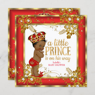 Invitation Prince Baby shower Boy Red Gold White Ethnic
