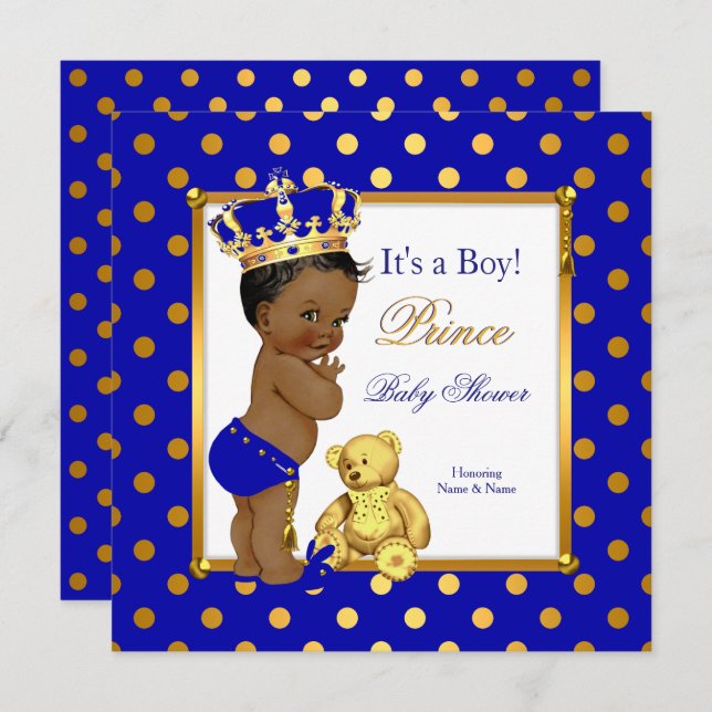 Invitation Prince Baby shower Boy Royal Blue Gold Ethnic (Devant / Derrière)