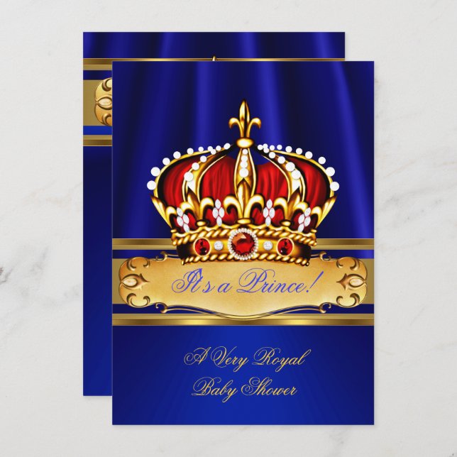Invitation Prince Baby shower Boy Royal Blue Gold Red Crown (Devant / Derrière)