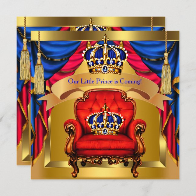 Invitation Prince Baby shower Boy Royal Blue Red Gold (Devant / Derrière)