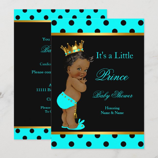 Invitation Prince Baby shower Boy Turquoise Black Ethnic (Devant / Derrière)