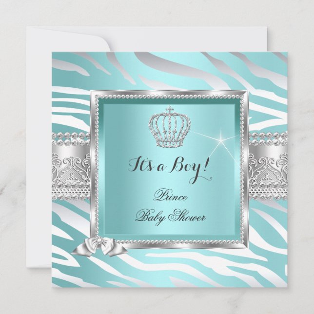 Invitation Prince Baby shower Boy Turquoise Blue Mint Zebra (Devant)