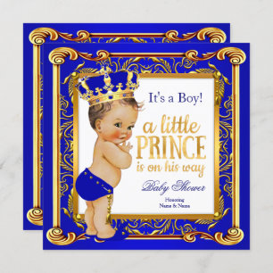 Invitation Prince Baby shower Damask Blue Gold Brunette