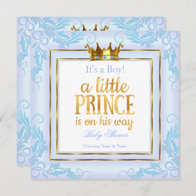 Invitation Prince Baby shower d'or bleu clair (Devant / Derrière)