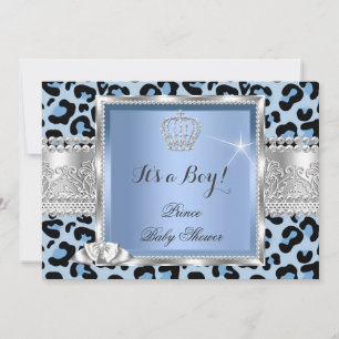 Invitation Prince Baby Shower Garçon Bleu Gris Léopard