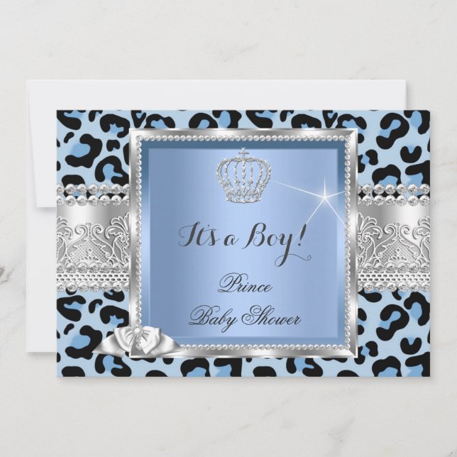 Invitation Prince Baby Shower Garçon Bleu Gris Léopard (Devant)