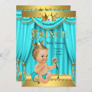 Invitation Prince Baby shower Gold Aqua Turquoise Blonde Boy