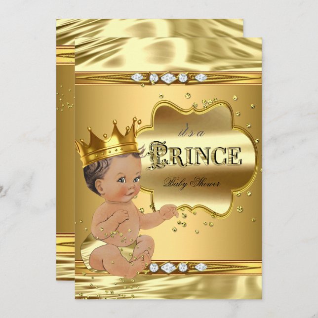 Invitation Prince Baby shower Gold Foil Brunette Baby Boy (Devant / Derrière)