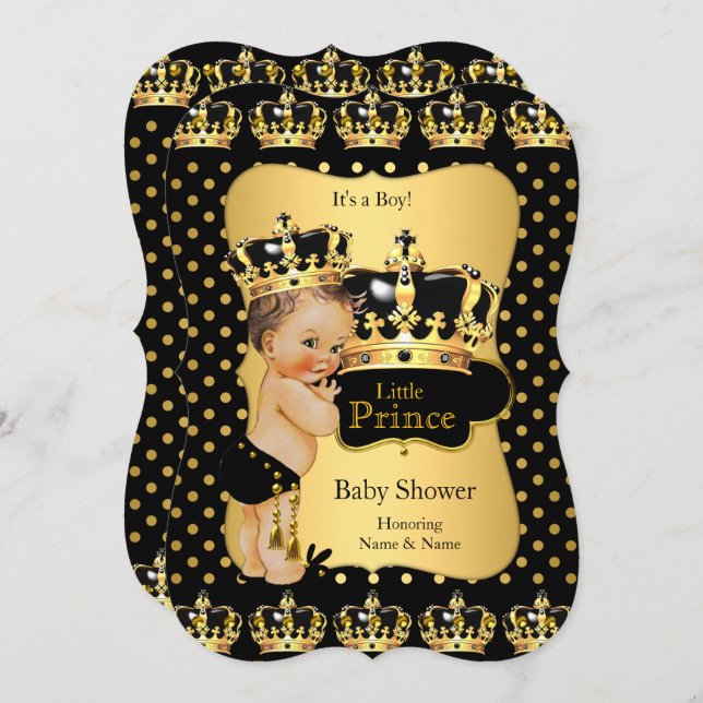 Invitation Prince Baby shower Noir Polka Point Brunette (Devant / Derrière)