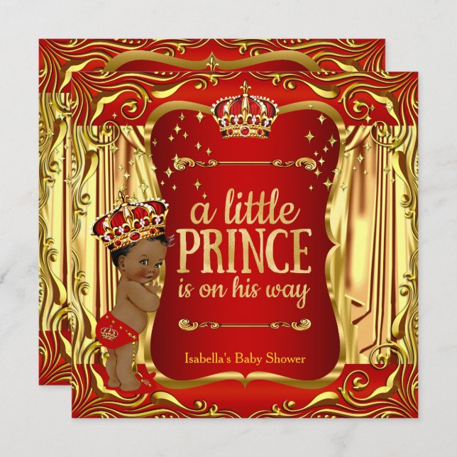Invitation Prince Baby shower Red Gold Africain-Américain (Devant / Derrière)