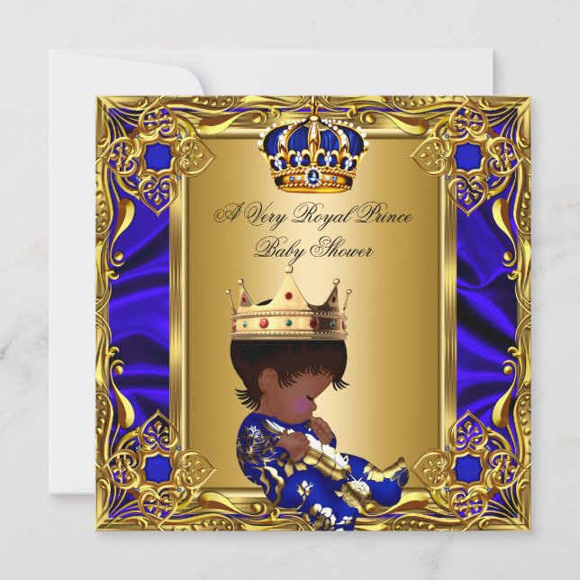 Invitation Prince Baby shower Regal Gold Royal Blue Boy A (Devant)