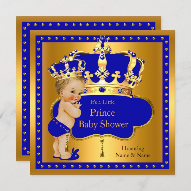 Invitation Prince Baby shower Royal Blue Boy Crown Blonde (Devant / Derrière)