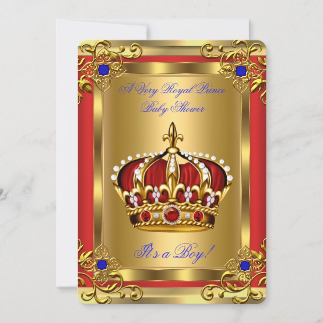 Invitation Prince Baby shower Royal Blue Boy Regal Red Gold (Devant)