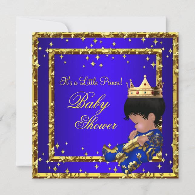 Invitation Prince Baby shower Royal Blue Gold Boy couronne St (Devant)