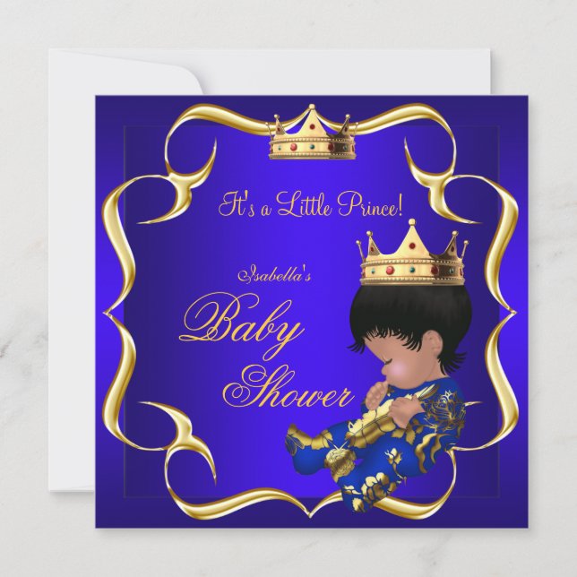 Invitation Prince Baby shower Royal Blue Gold Boy Crown 3 (Devant)